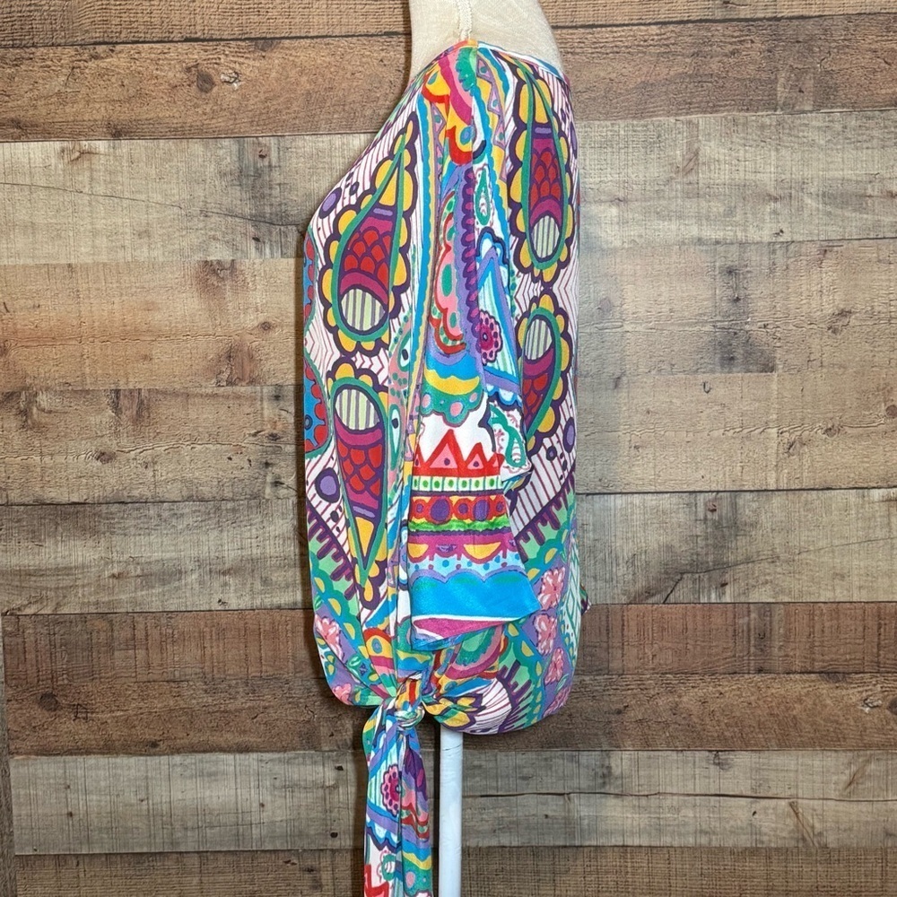 🌻 Analili Paisley Print Silk Tie Waist Boatneck Blouse Top size XS/S Retro Y2K - Picture 2 of 8